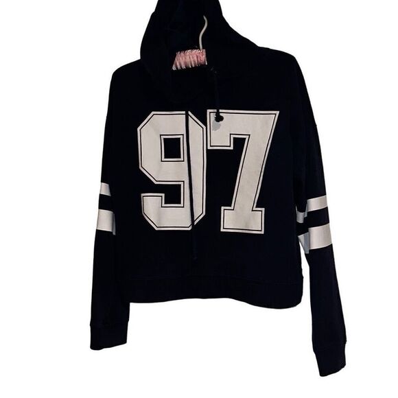 Forever 21 Navy 97 Long Sleeve Graphic Pullover Hoodie Cropped Sweatshirt Junior - Picture 1 of 8